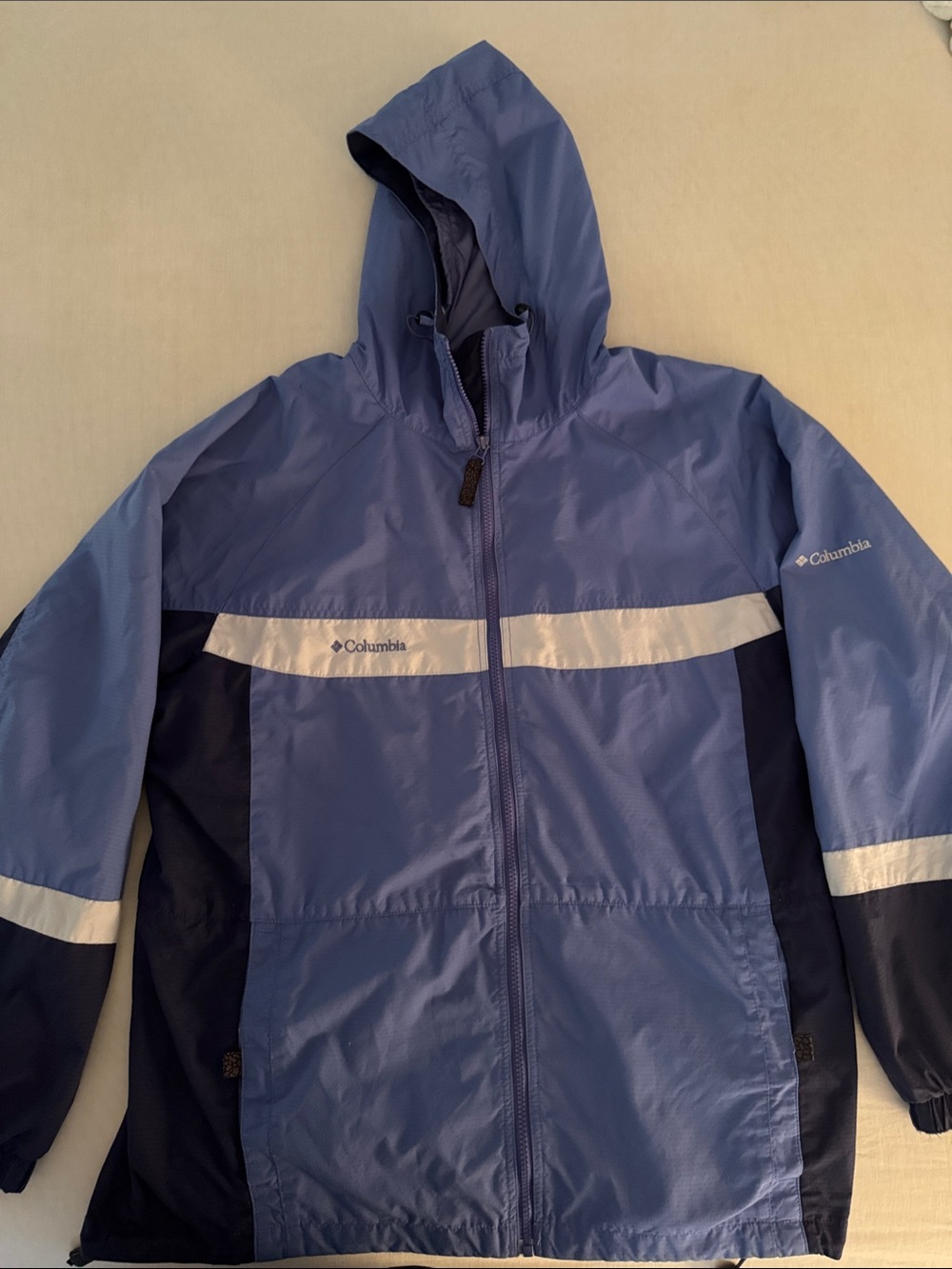 Columbia Women’s Light Blue and Navy Hooded Rain Jacket
